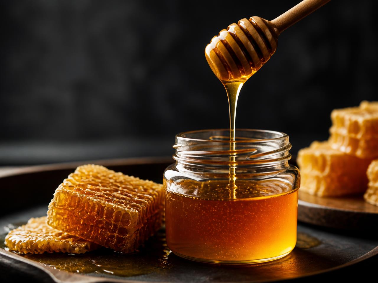 Honey dripping from a wooden dipper into a glass jar beside fresh honeycomb